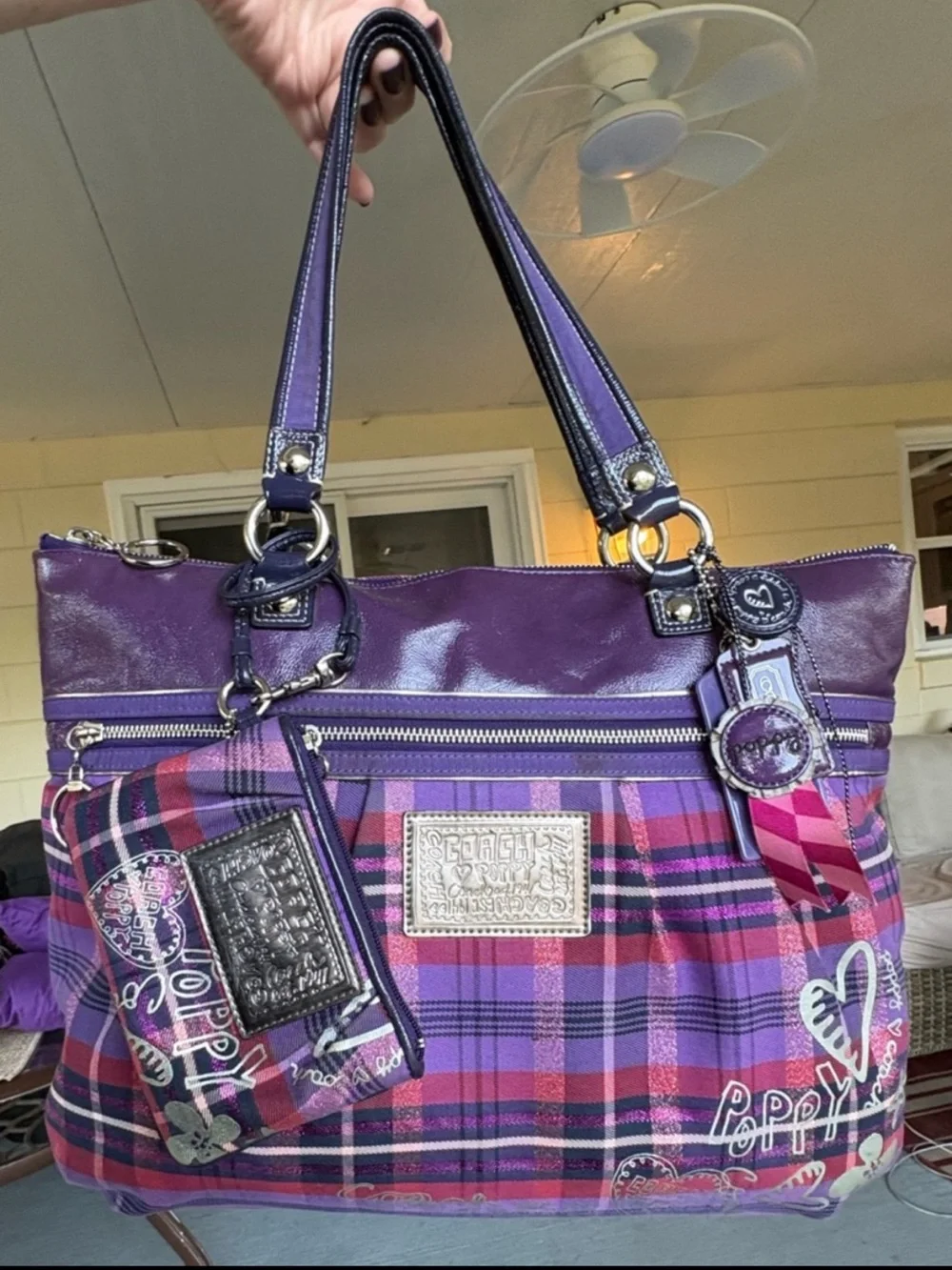 Coach 2pc 2010 Poppy Tartan Glam Tote + Wristlet (Purple) 15886 - Picture 2 of 16